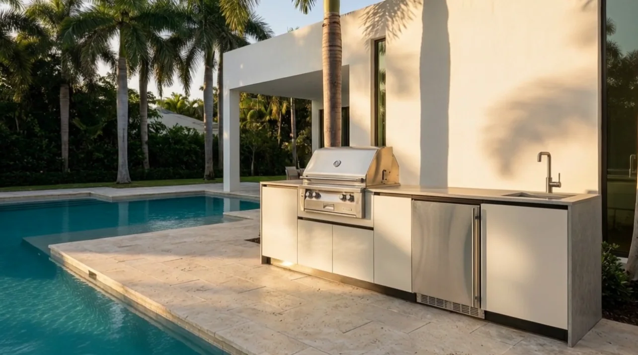 A custom LANDIIN kitchen beside a pool